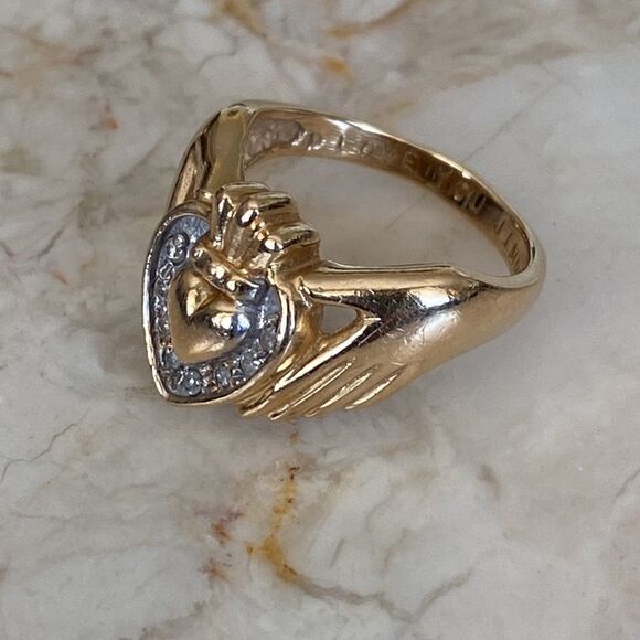 14K & Diamonds Heavy Custom Irish Claddagh Ring - Picture 6 of 14